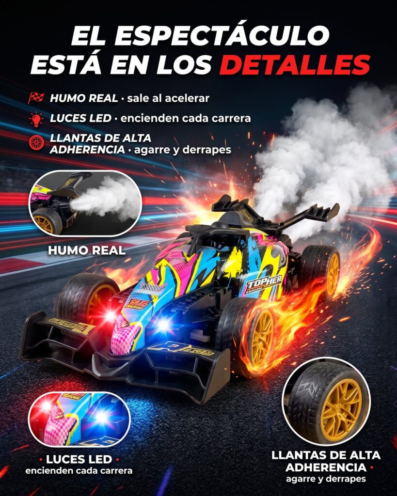 Efecto de humo y luces LED del carro a control remoto en detalle