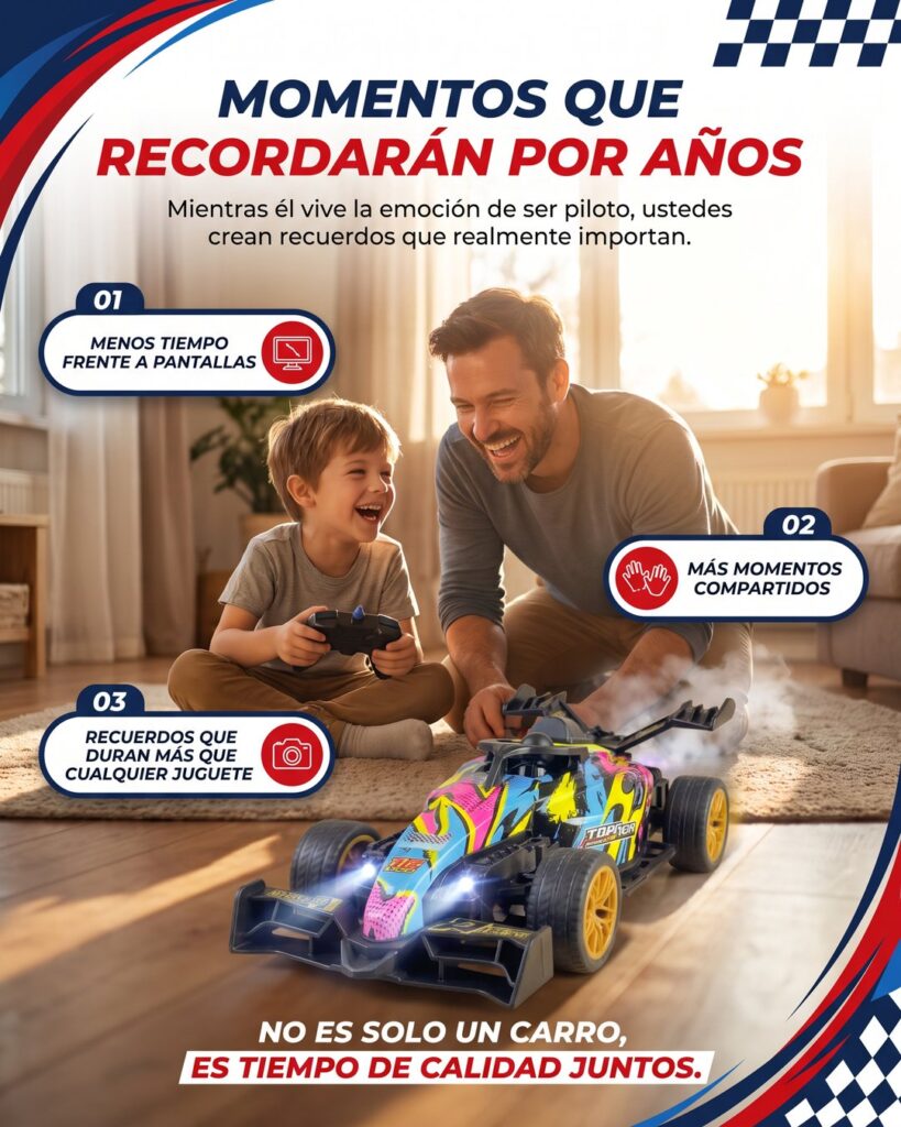 Papá e hijo compartiendo con el carro a control remoto