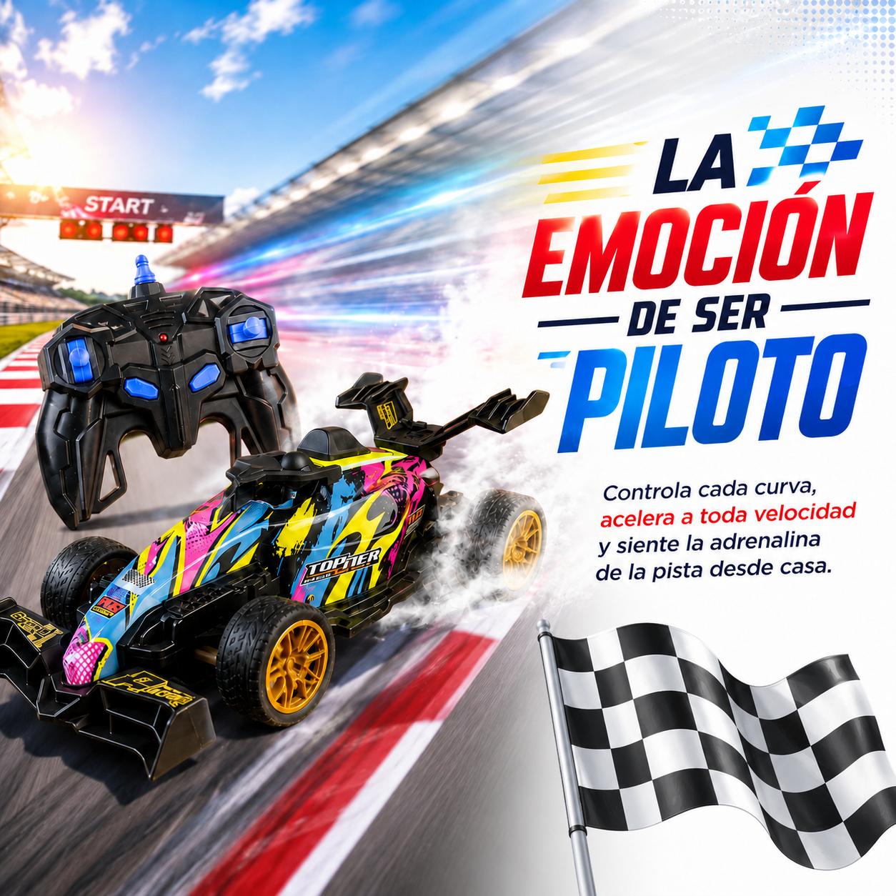 Carro RC deportivo con luces LED y efecto de humo inspirado en autos de carreras.