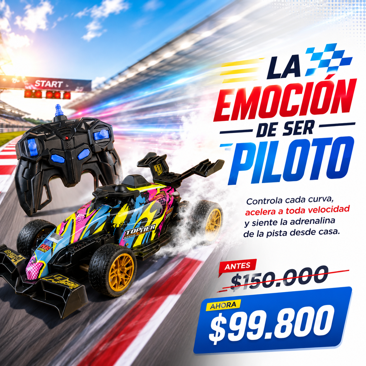 Carro RC deportivo con luces LED y efecto de humo inspirado en autos de carreras.