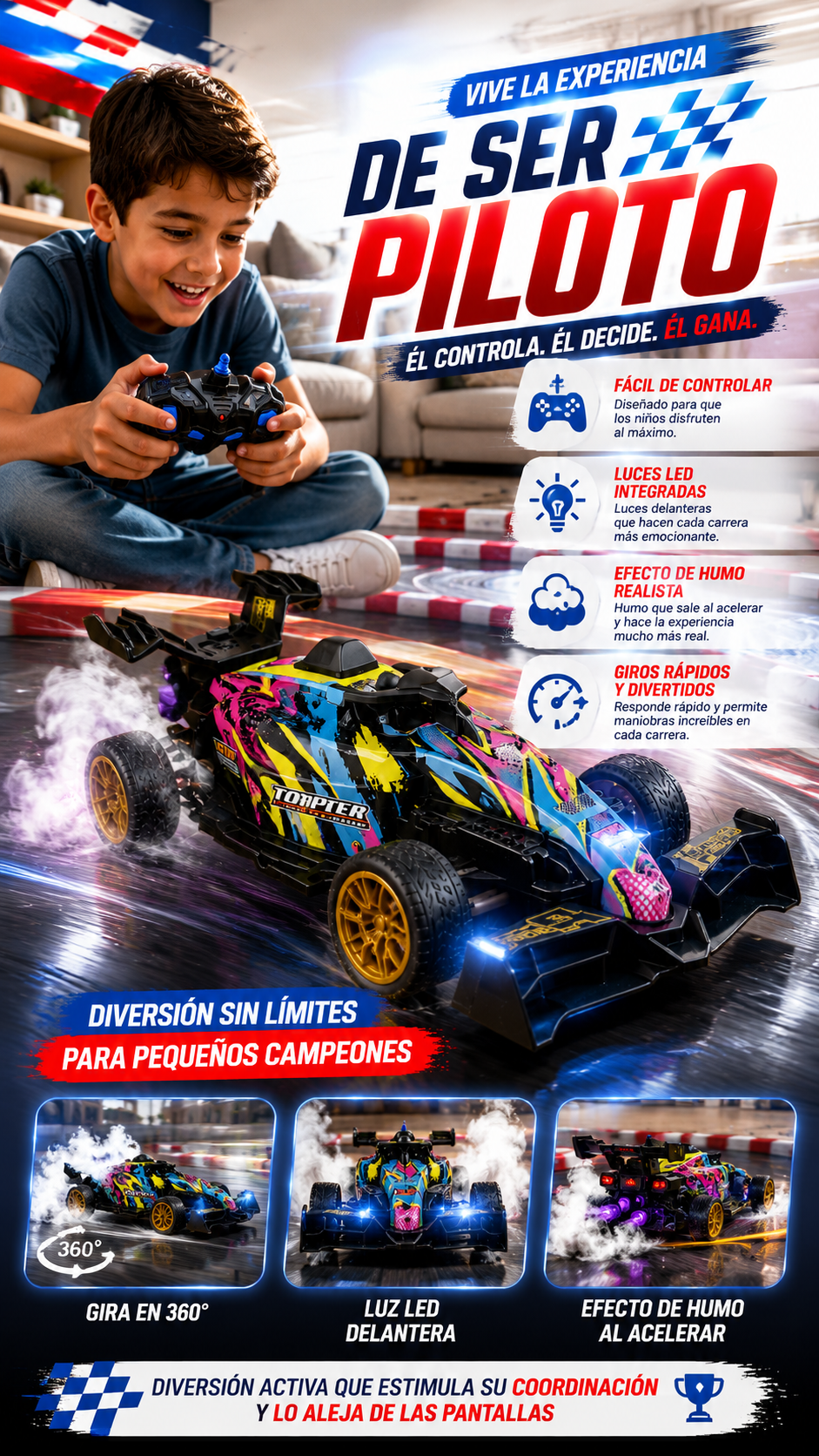 Carro RC deportivo con luces LED y efecto de humo inspirado en autos de carreras.