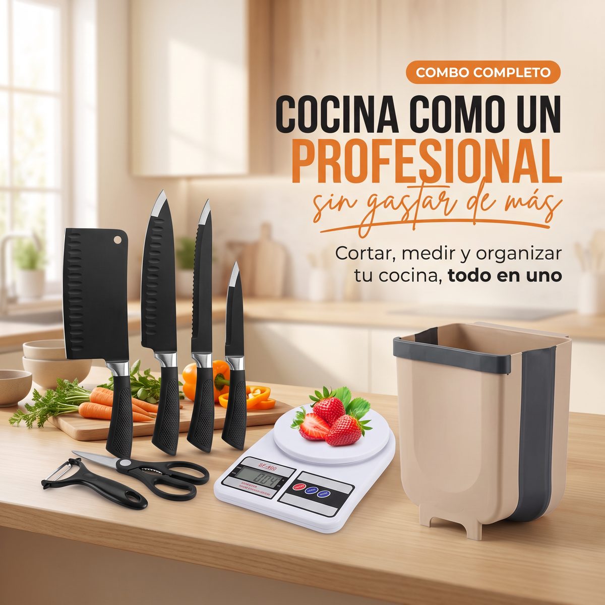 Combo de cocina: set de cuchillos, gramera digital y caneca plegable