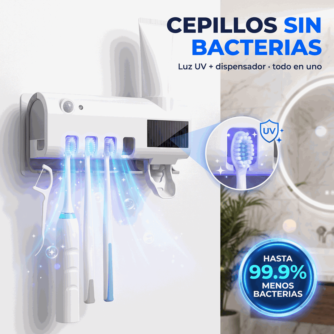 Esterilizador de cepillos UV con dispensador de crema y panel solar