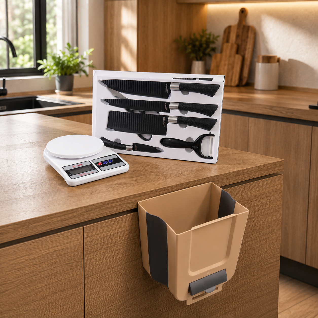 ChatGPT Image 10 jun 2026, 04_00_01 p.m. Set cocina premium en caja original con gramera y caneca plegable en gabinete