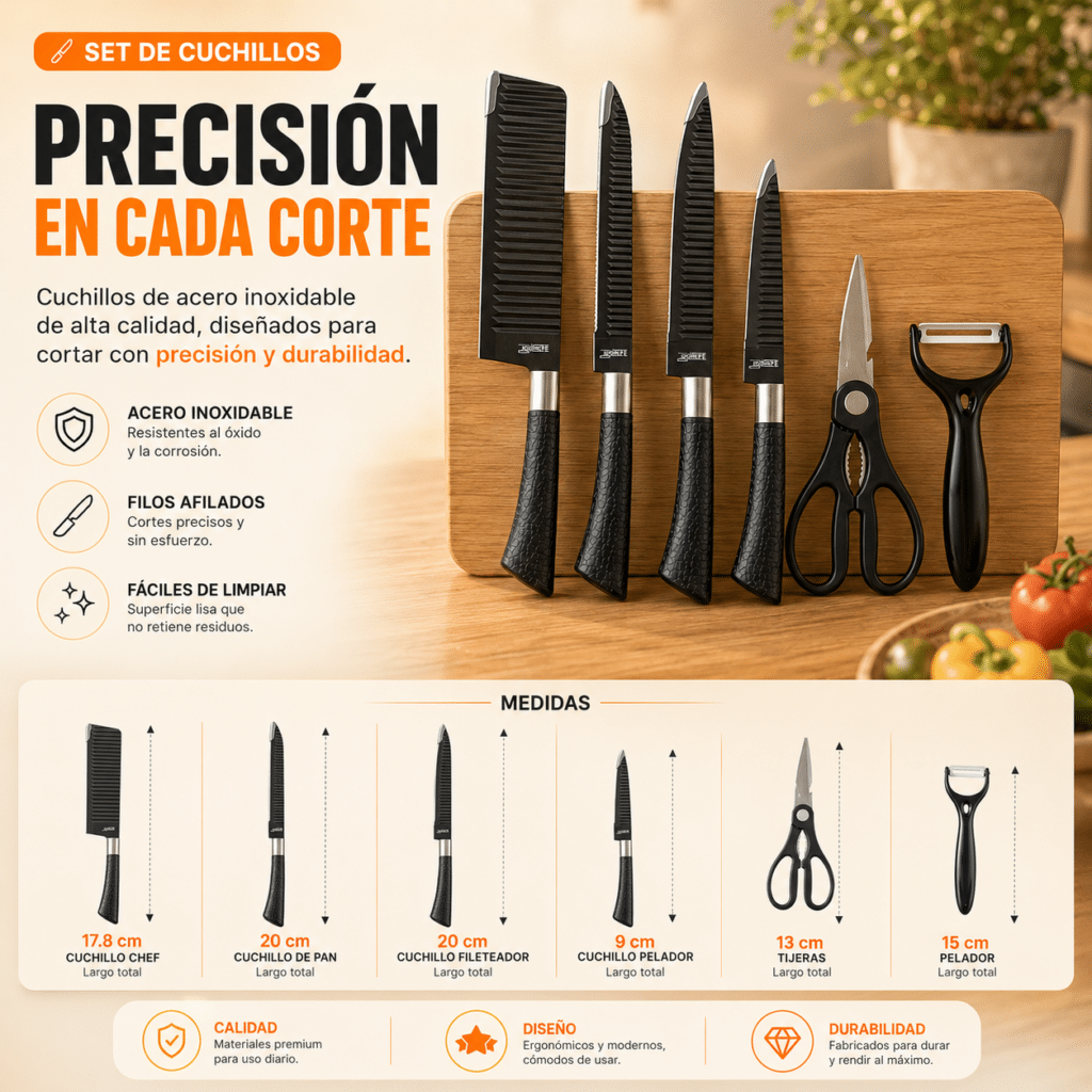 Set de cuchillos de acero inoxidable con tijeras y pelador sobre tabla de madera
