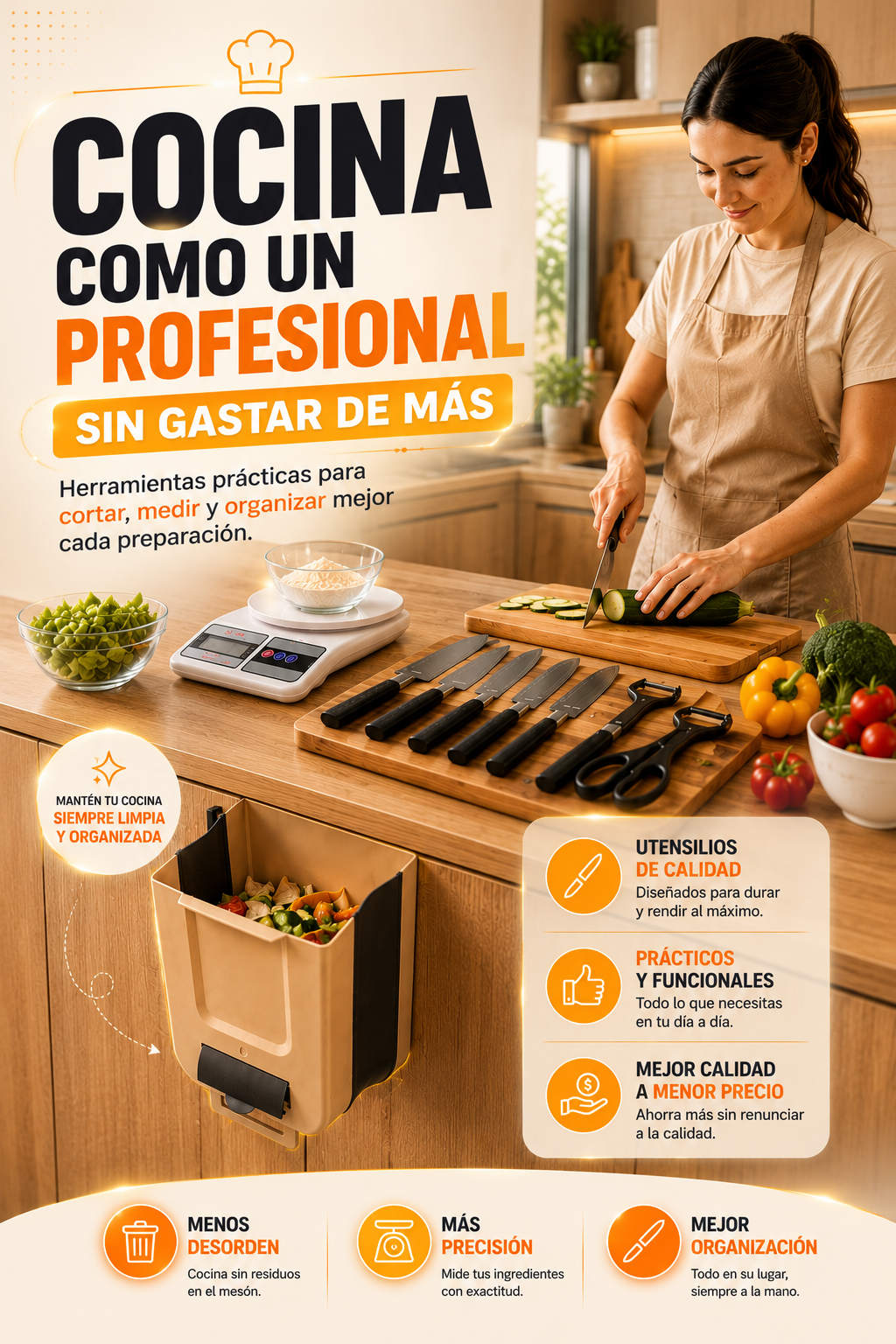 Mujer cocinando con set de cuchillos, gramera y caneca portátil en cocina moderna