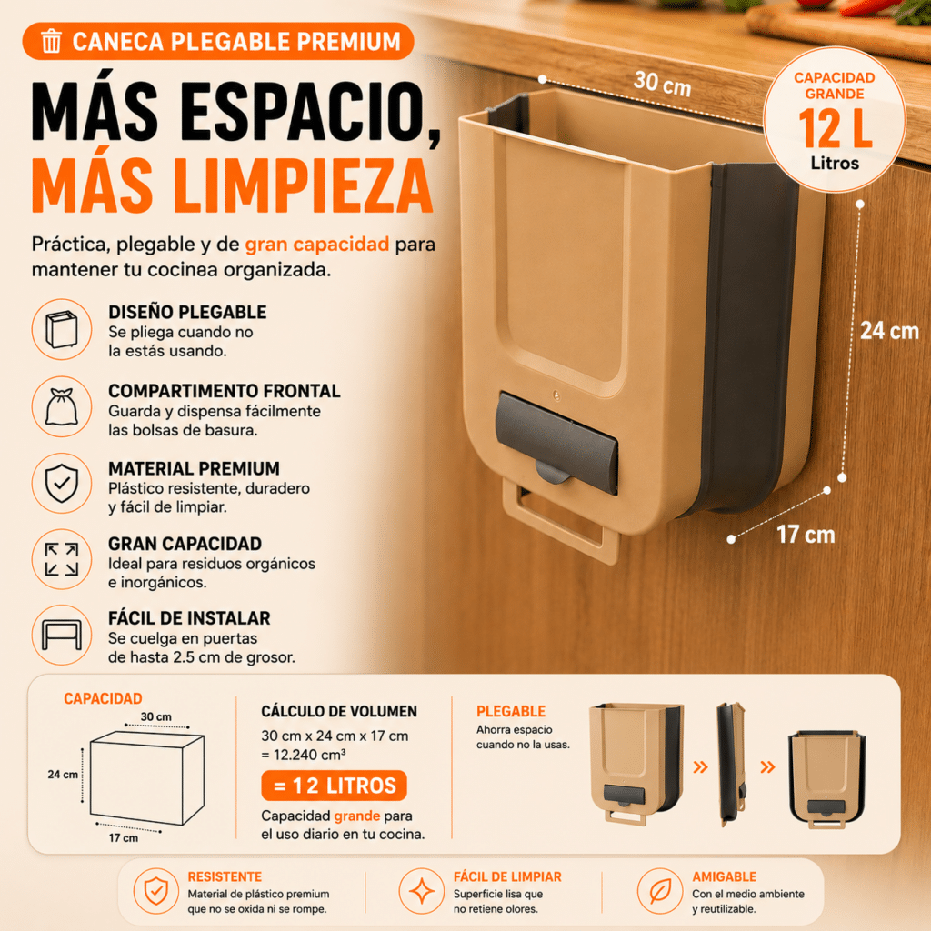 Caneca plegable premium 12 litros instalada en puerta de gabinete de cocina