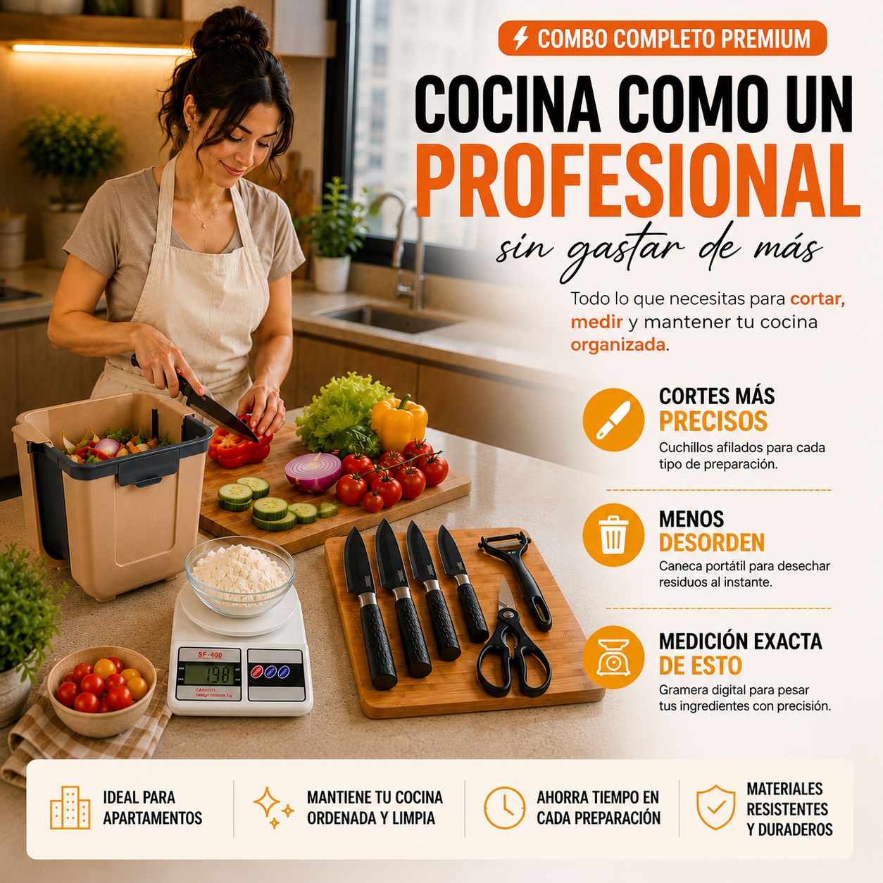 Mujer cocinando con set de cuchillos, gramera y caneca portátil en cocina moderna