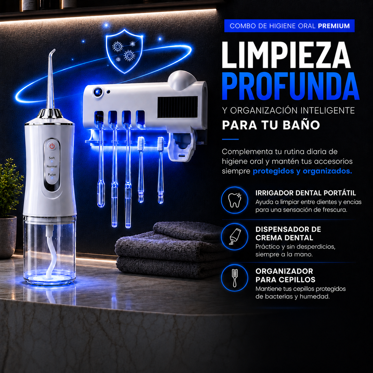 ChatGPT Image 18 jun 2026, 01_53_05 p.m. Combo de limpieza oral profunda con irrigador dental portátil, organizador UV para cepillos y dispensador de crema dental