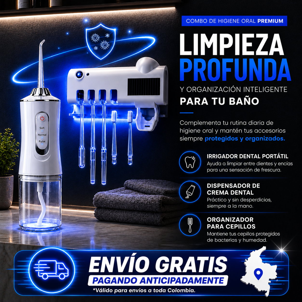 Combo de limpieza oral profunda con irrigador dental portátil, organizador UV para cepillos y dispensador de crema dental