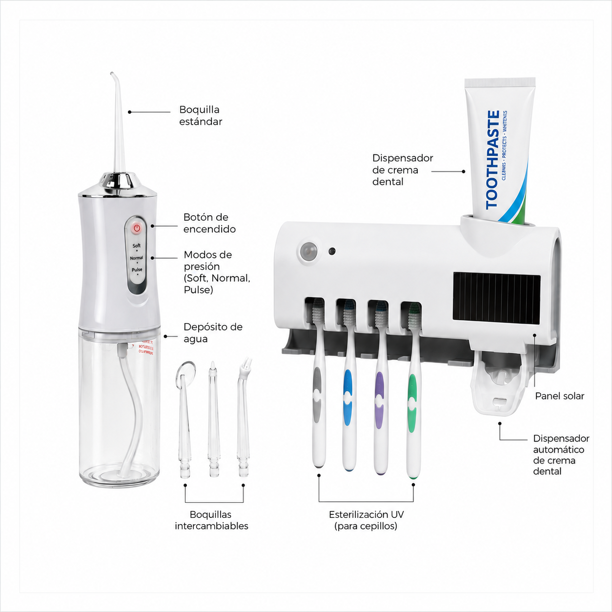 ChatGPT Image 3 jun 2026, 03_11_05 p.m. Combo de limpieza oral profunda con irrigador dental portátil, organizador UV para cepillos y dispensador de crema dental