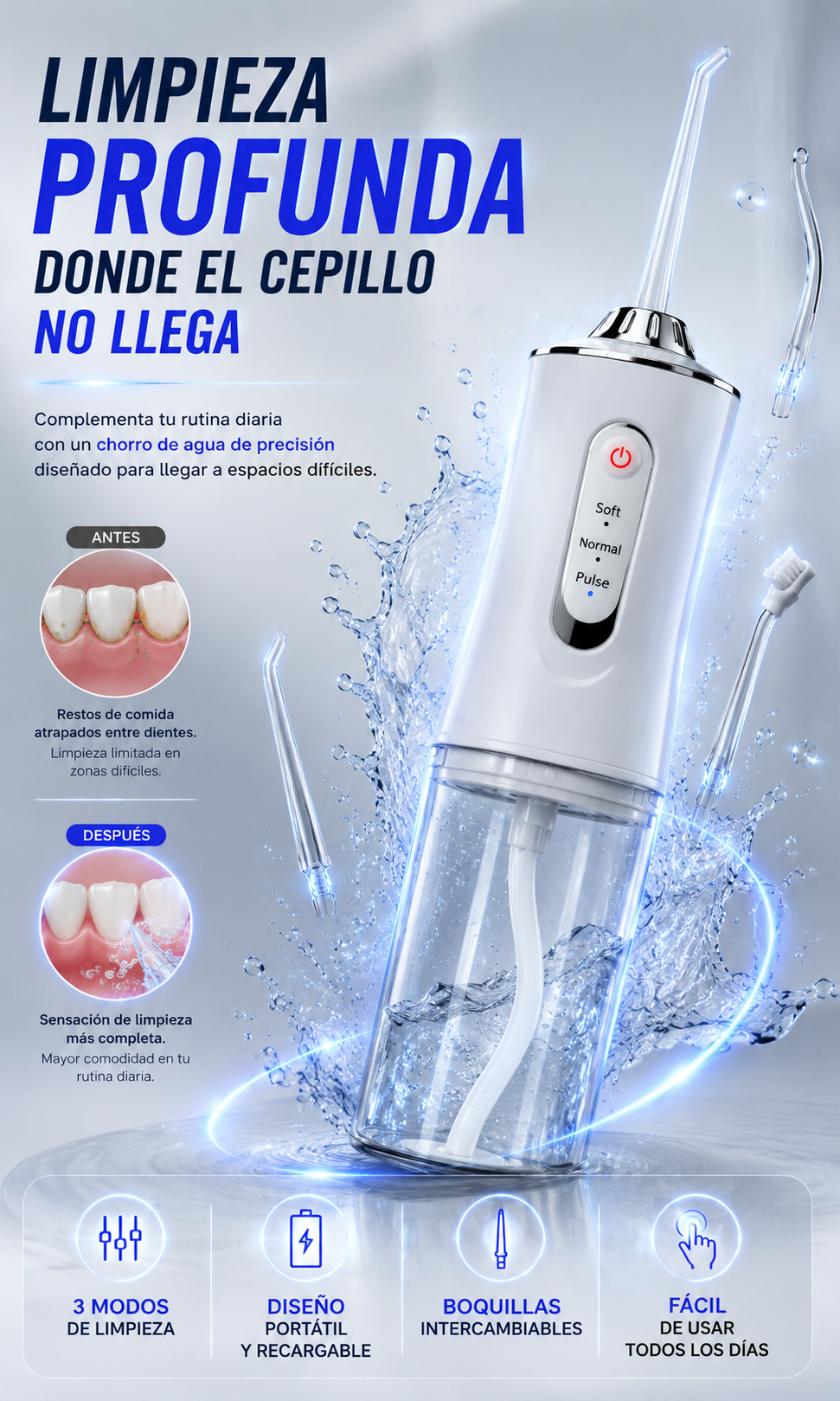 Irrigador dental portátil recargable para limpieza profunda entre dientes y cuidado de las encías.