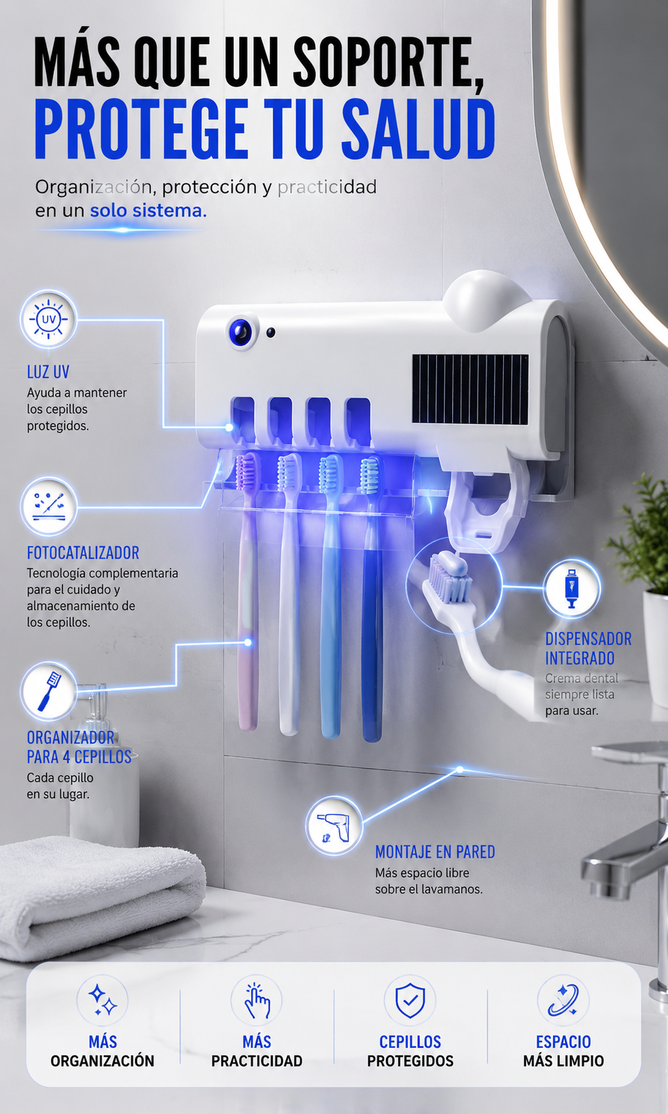 Organizador UV para cepillos dentales con dispensador automático de crema dental y montaje en pared