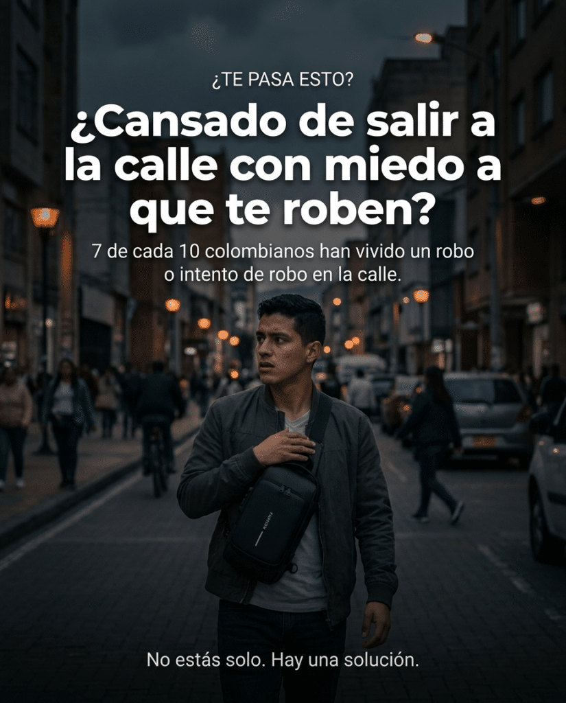 Hombre caminando por las calles de Bogotá de noche sosteniendo su maletín antirrobo con miedo a ser robado