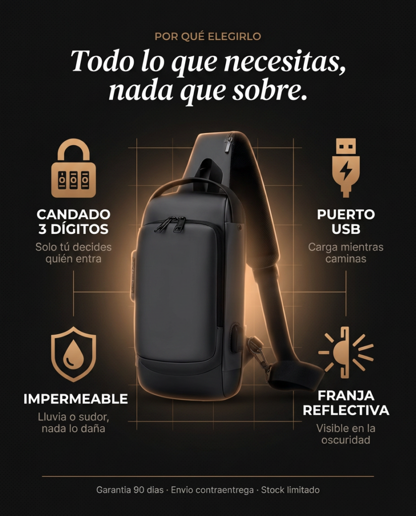 Maletín antirrobo con candado de 3 dígitos, puerto USB integrado, material impermeable y franja reflectiva sobre fondo negro