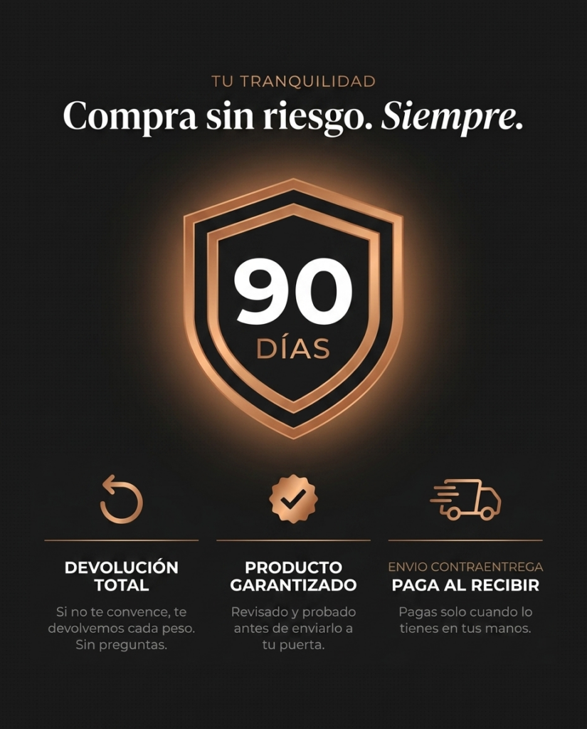 Escudo dorado con garantía de 90 días, devolución total, producto garantizado y envío contraentrega en Colombia