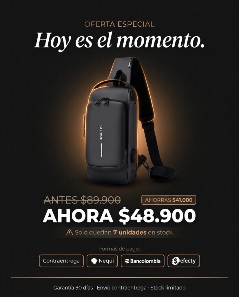 Maletín antirrobo en oferta especial a $48.900 pesos colombianos con pago por Nequi, Bancolombia, Efecty y contraentrega