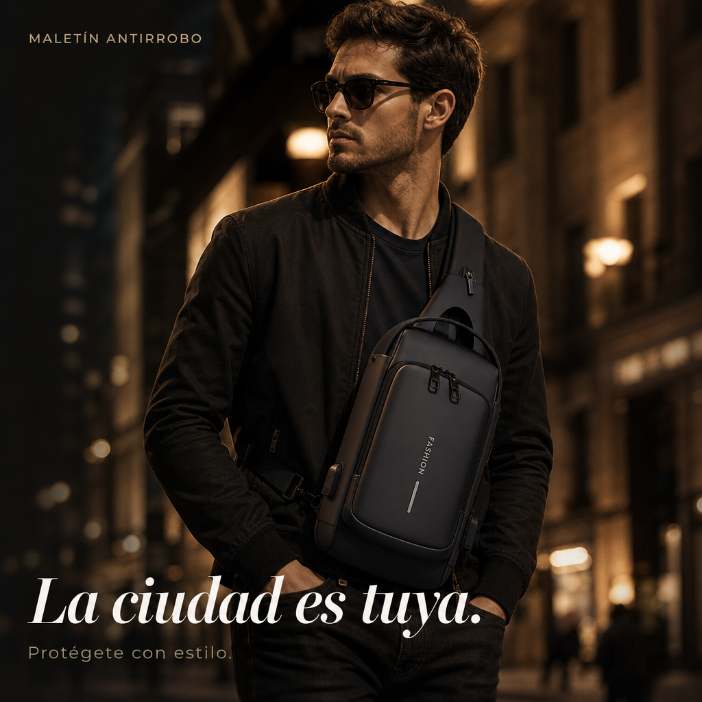 hf_20260623_161633_4f0c9eb7-5faa-403d-a765-ef1974e8b7c3 Hombre joven con gafas de sol usando maletín antirrobo negro cruzado al pecho en calle urbana de noche