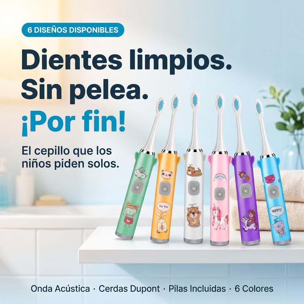 6 diseños de cepillo eléctrico infantil: verde, naranja, blanco, rosa, morado y azul con personajes kawaii — Dientes limpios sin pelea