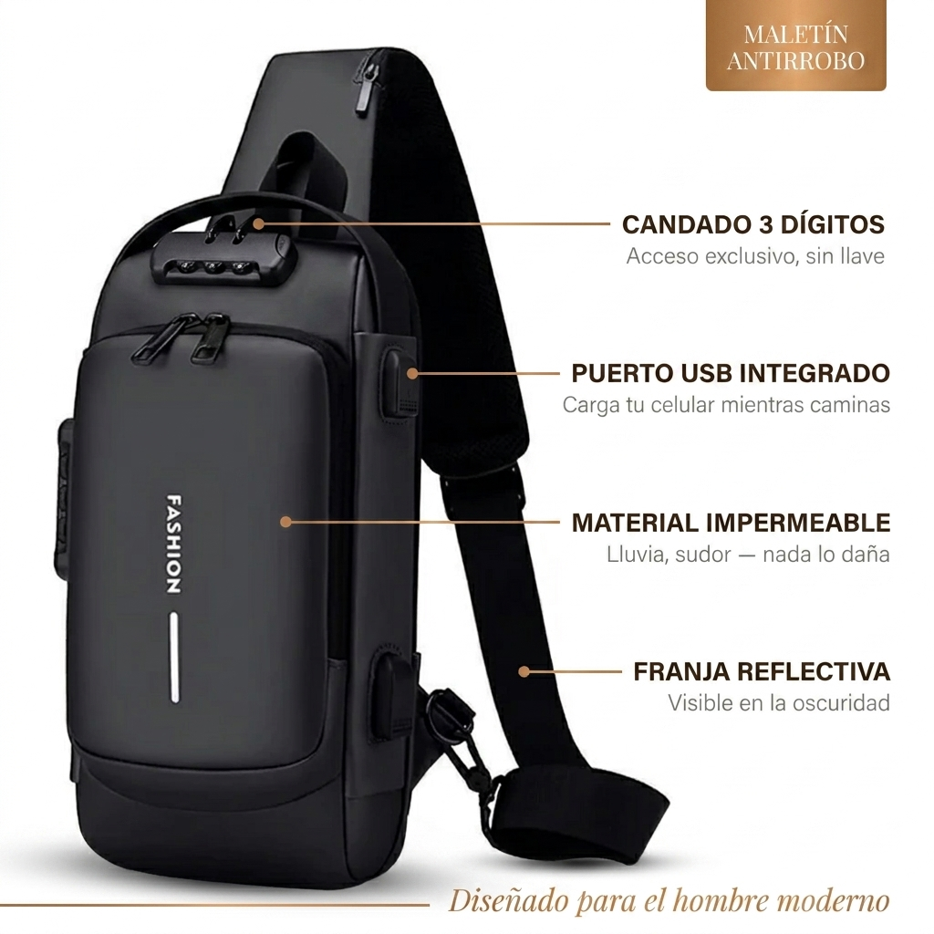 imaen poducto y acratericticas Maletín antirrobo con flechas señalando candado 3 dígitos, puerto USB integrado, material impermeable y franja reflectiva