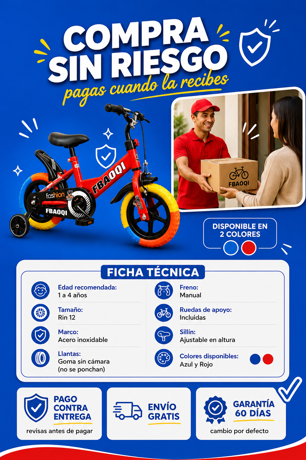 Bicicleta infantil rin 12: ficha técnica, pago contra entrega, envío gratis y garantía de 60 días