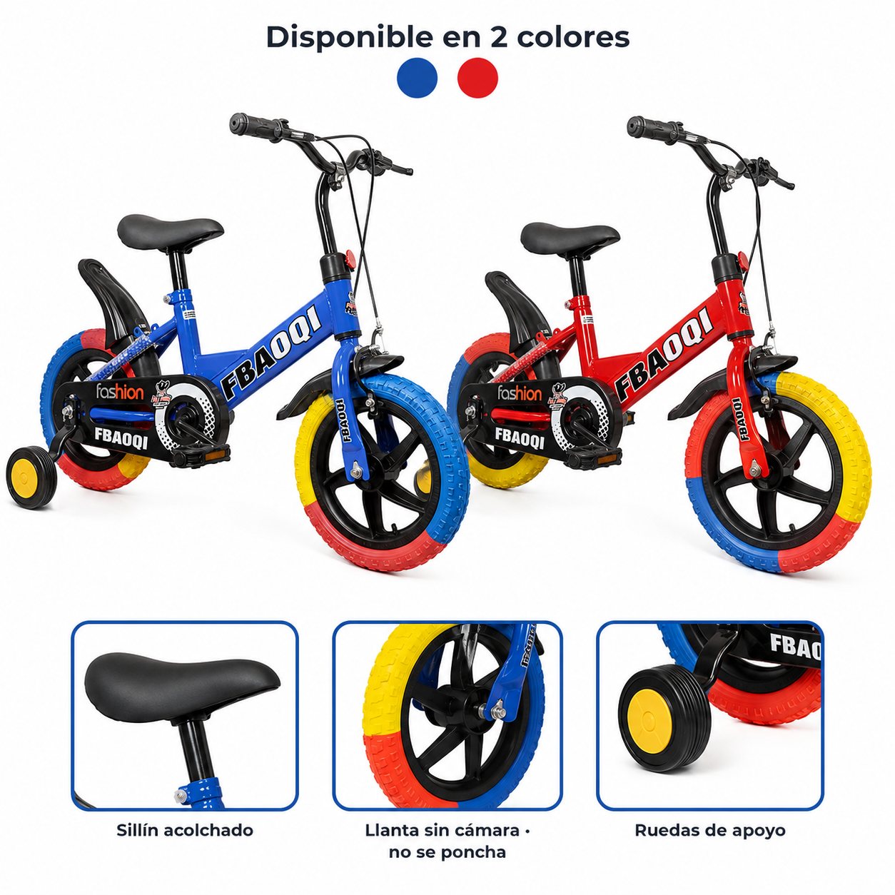 bicicletas-nino-rin-12-azul-roja-detalles-sillin-llanta-ruedas-apoyo Bicicletas para niños rin 12 azul y roja en fondo blanco con detalle de sillín, llanta sin cámara y ruedas de apoyo