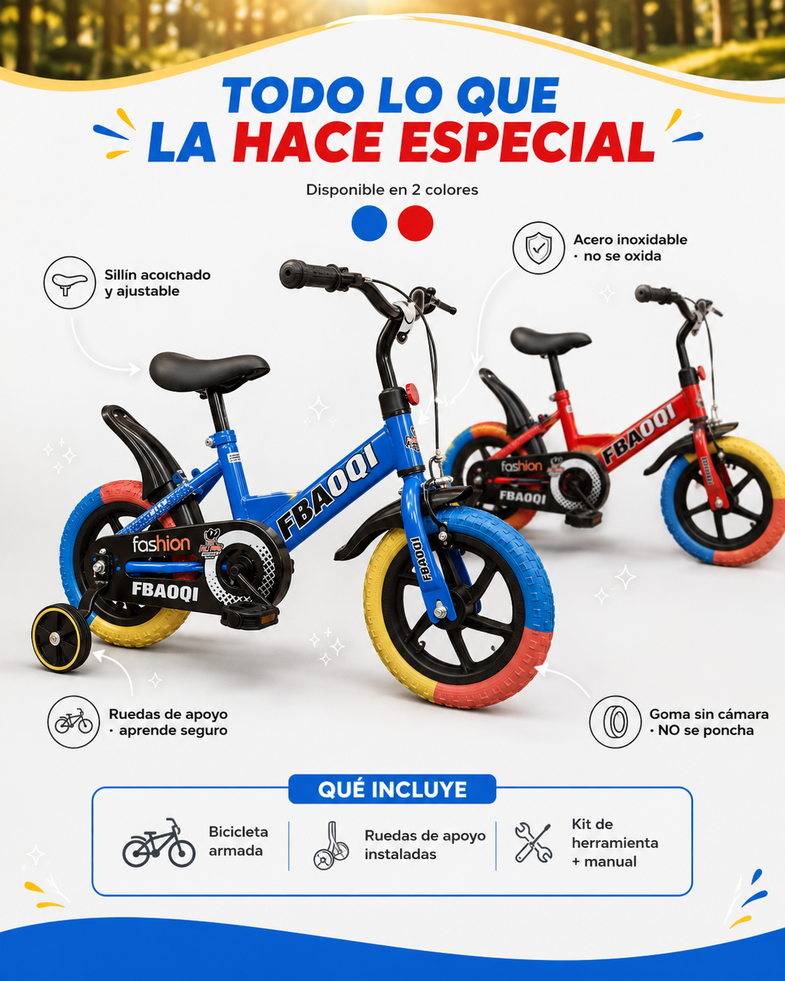 Características de la bicicleta para niños rin 12 en azul y rojo: acero, llanta sin cámara y ruedas de apoyo