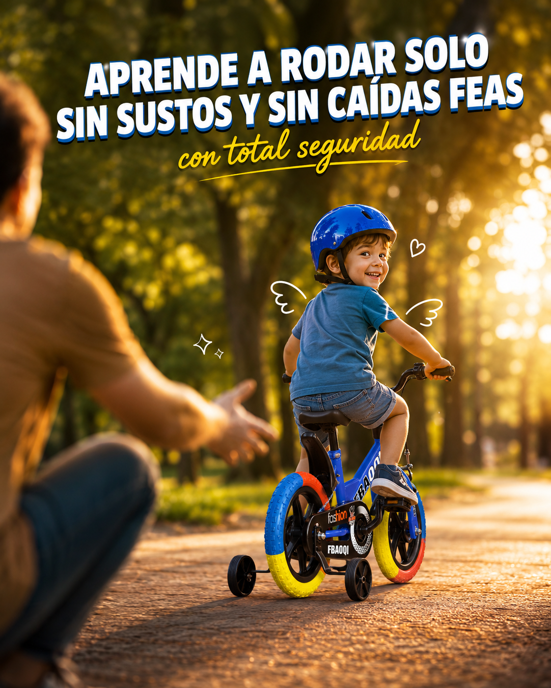 Niño aprende a rodar solo en su bicicleta azul con ruedas de apoyo mientras su papá lo acompaña