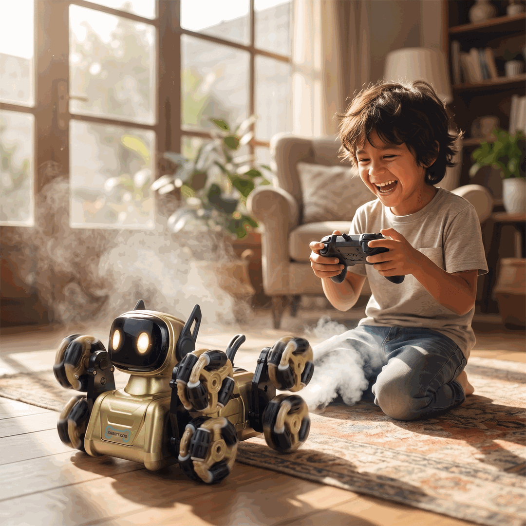 nino-jugando-perro-robot-lanza-humo Niño jugando feliz con el perro robot que lanza humo en casa