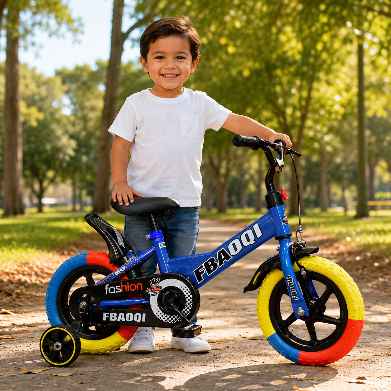 nino-junto-bicicleta-azul-rin-12-tamano-real-1-a-4-anos Niño de pie junto a su bicicleta azul rin 12 mostrando el tamaño real para niños de 1 a 4 años