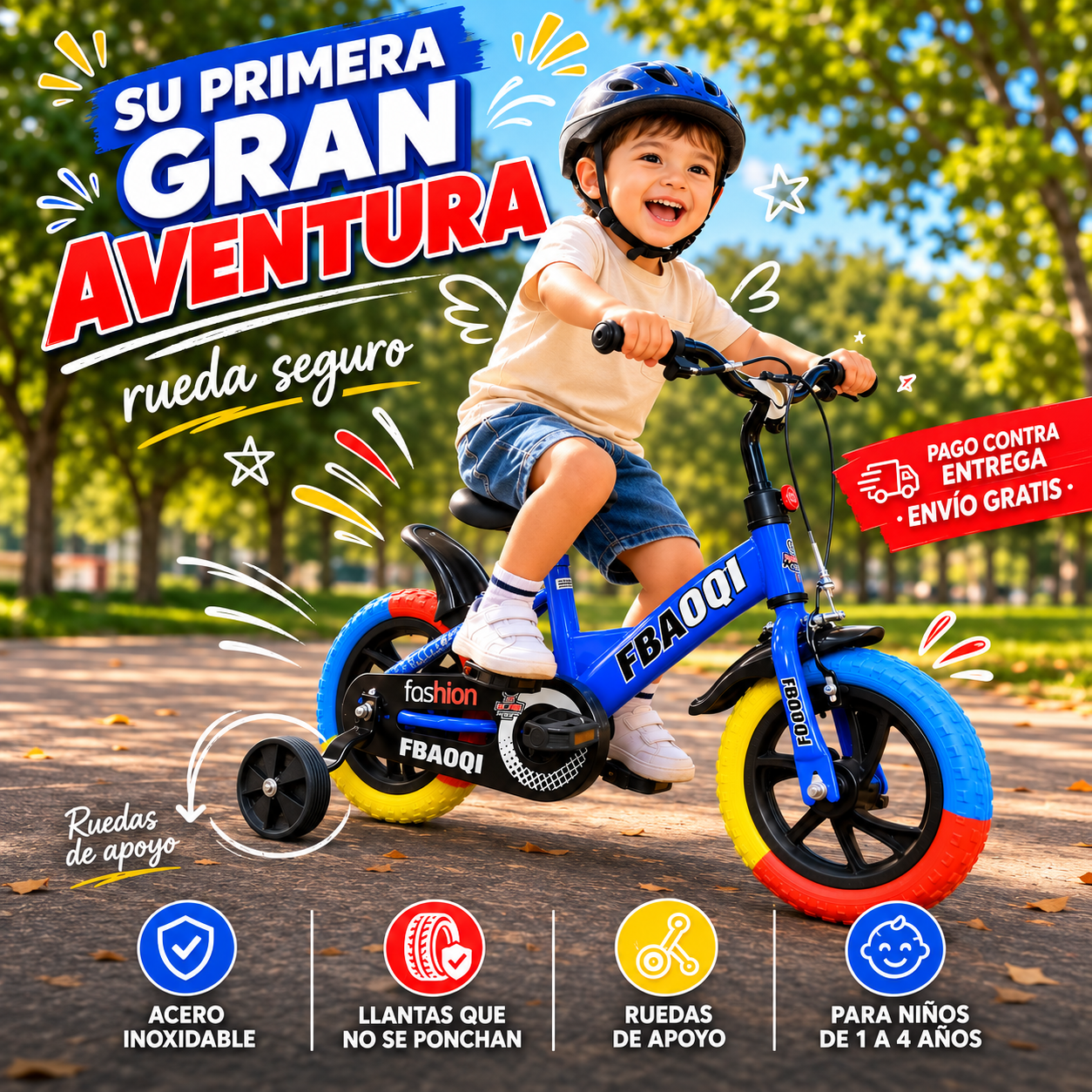 Niño con casco montando una bicicleta infantil azul rin 12 con ruedas de apoyo en un parque