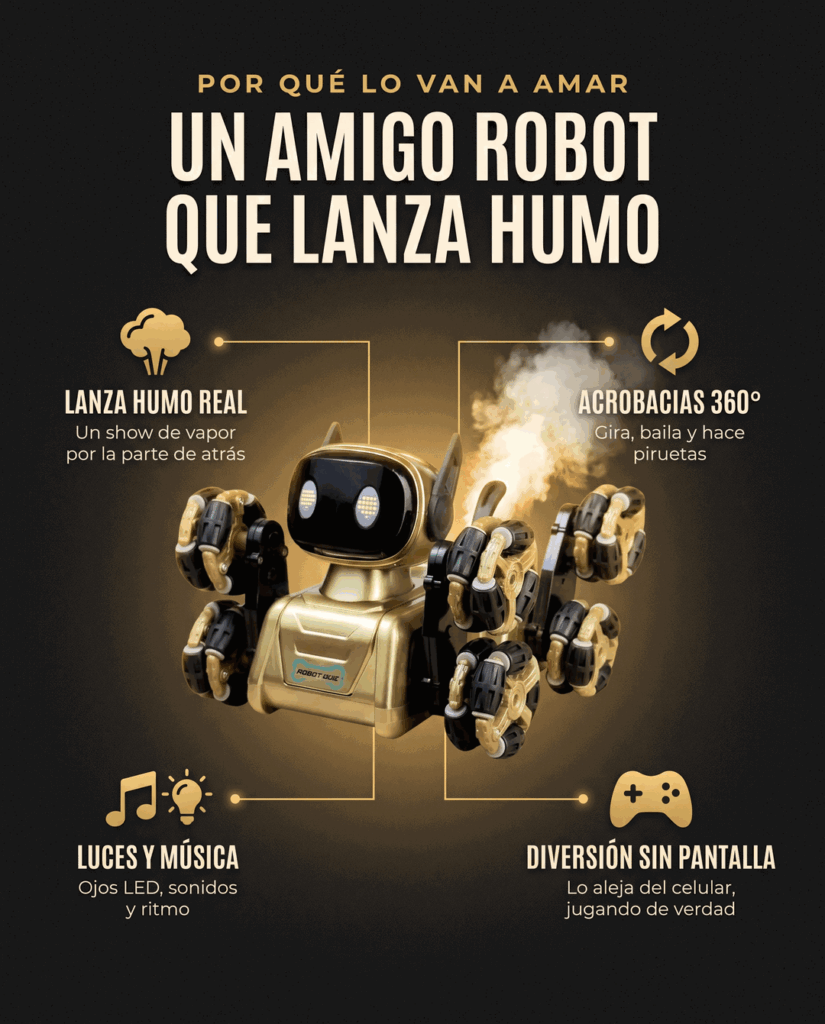 Beneficios del perro robot: lanza humo real, acrobacias 360°, luces y música