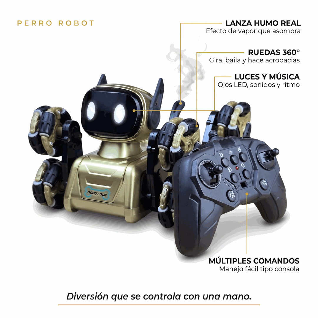 perro-robot-caracteristicas-humo-ruedas-360-luces Características del perro robot: lanza humo, ruedas 360°, luces LED, música y control remoto
