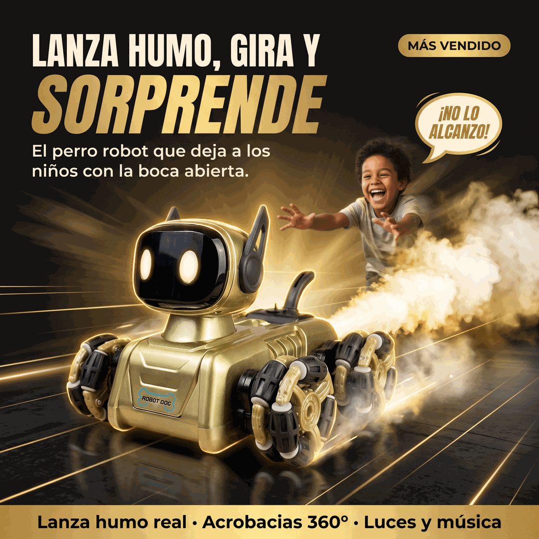 Perro robot a control remoto dorado lanzando humo mientras un niño lo persigue