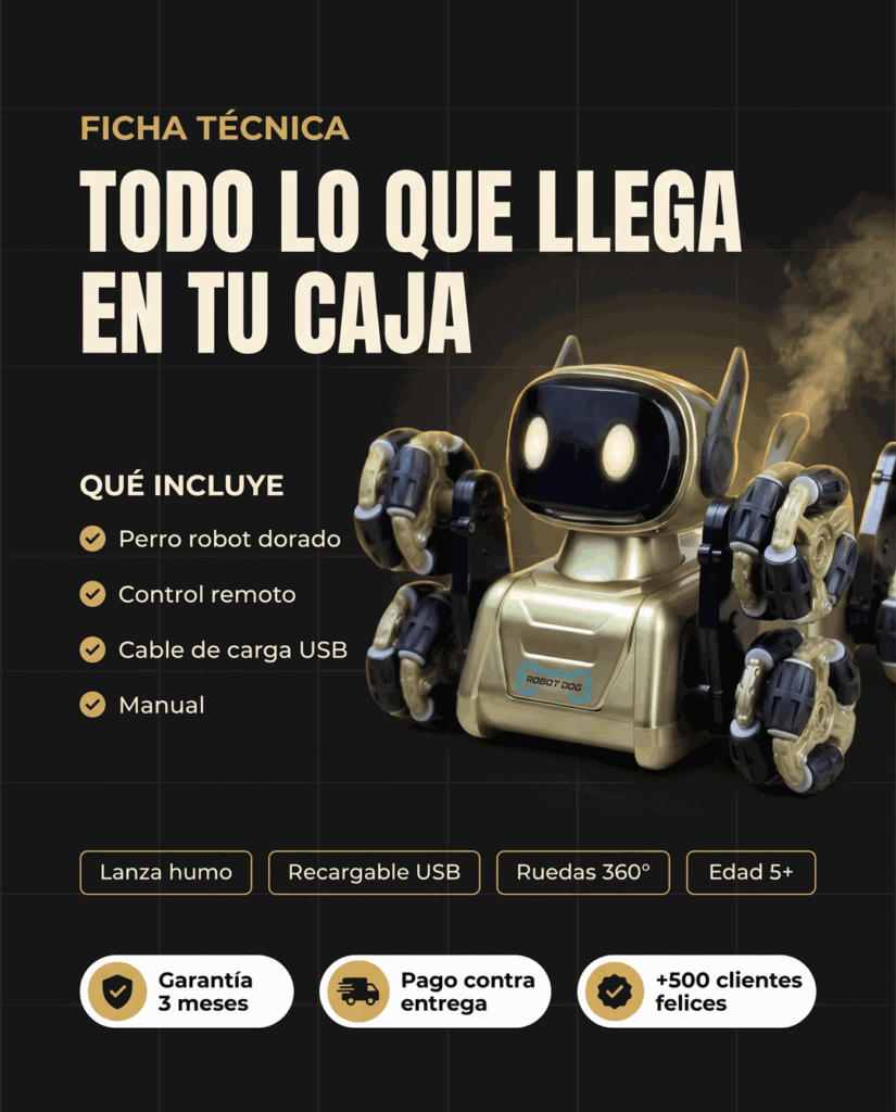 Qué incluye la caja del perro robot: control remoto, cable USB, manual y garantía