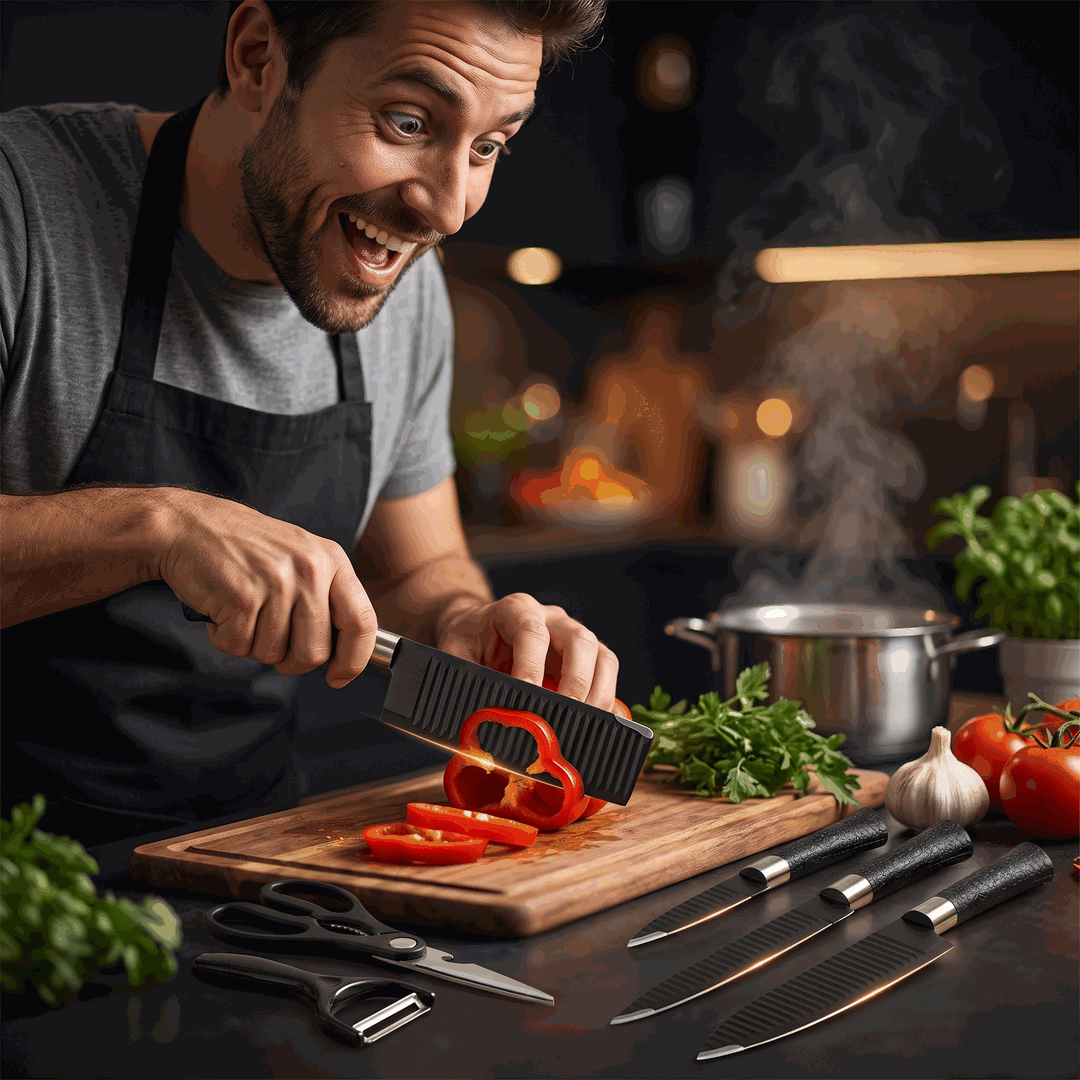 3-set-de-cuchillos-cocina-en-uso Persona cortando verduras con el set de cuchillos de cocina