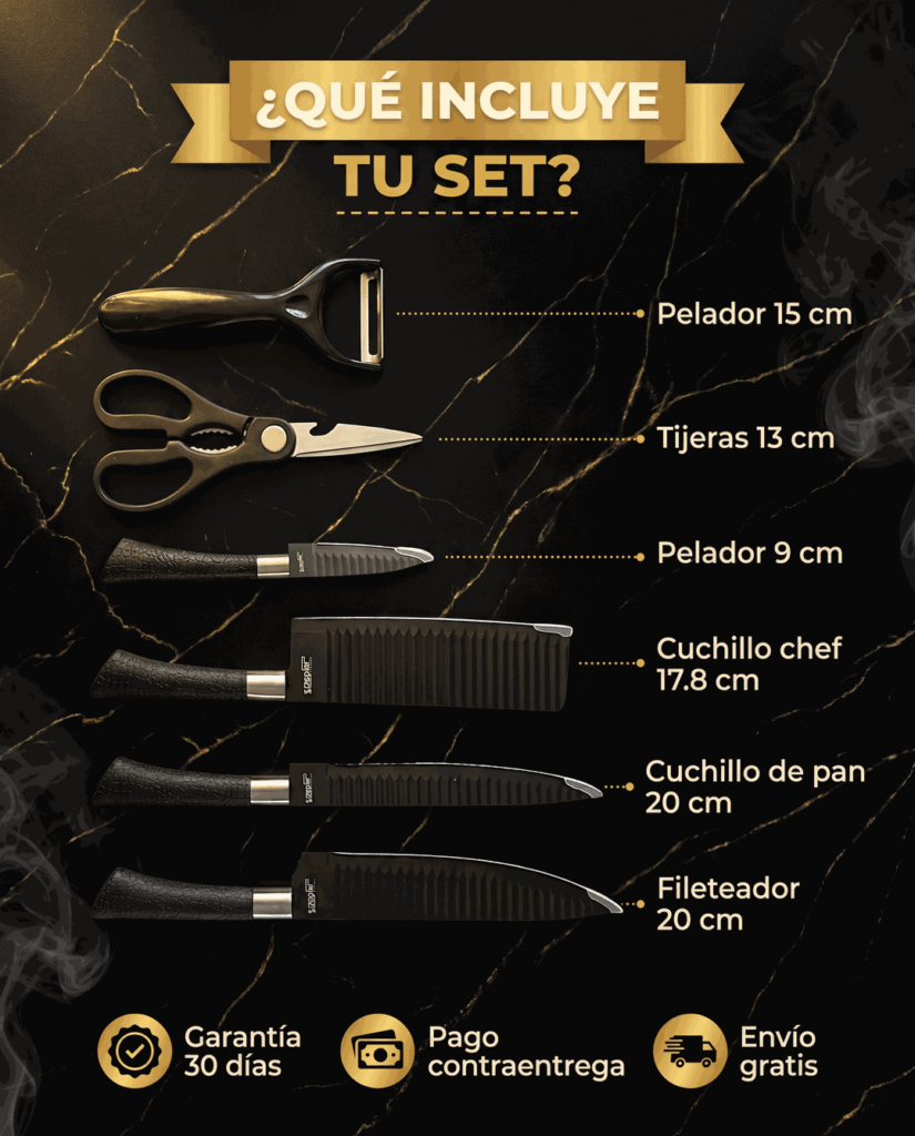 Set de cuchillos 6 piezas con medidas: chef, pan, fileteador, pelador y tijeras